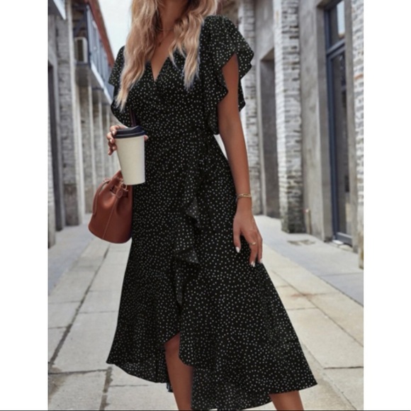 Boho polka dots ruffle hem wrap dress black - Picture 3 of 16